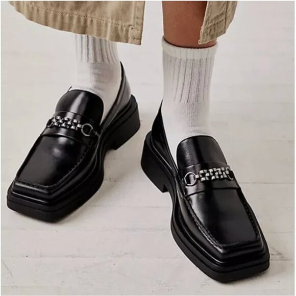 NWOT Vagabond Free People Eyra Black Leather Chain Square Toe Loafers Sz 38